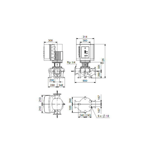 Одноступенчатый вертикальный центробежный насос «ин-лайн» Grundfos TPE 200-160/4-S A-F-A-BAQE артикул 95046236 – габаритный чертеж