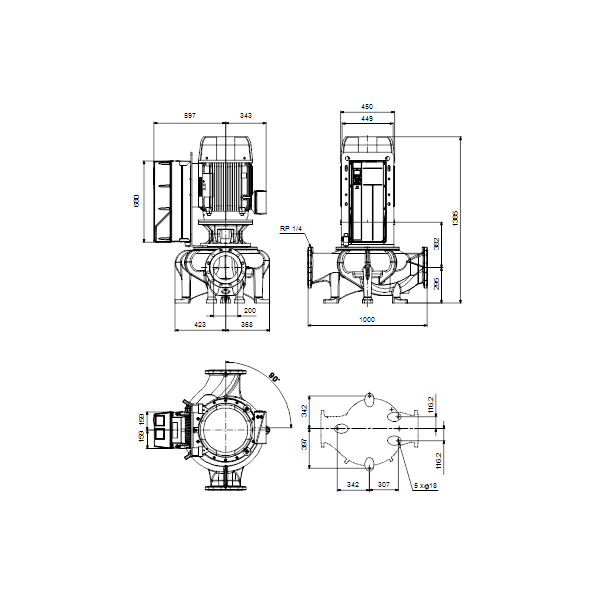 Одноступенчатый вертикальный центробежный насос «ин-лайн» Grundfos TPE 200-360/4-SC A-F-A-BAQE артикул 99474575 – габаритный чертеж