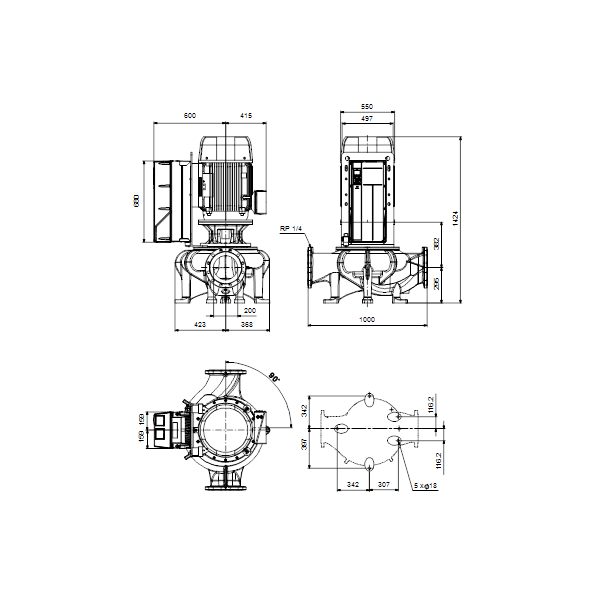 Одноступенчатый вертикальный центробежный насос «ин-лайн» Grundfos TPE 200-400/4-SC A-F-A-BQQE артикул 99474604 – габаритный чертеж