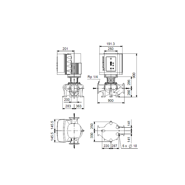 Одноступенчатый вертикальный центробежный насос «ин-лайн» Grundfos TPE 200-50/4-S A-F-A-BAQE артикул 99114652 – габаритный чертеж