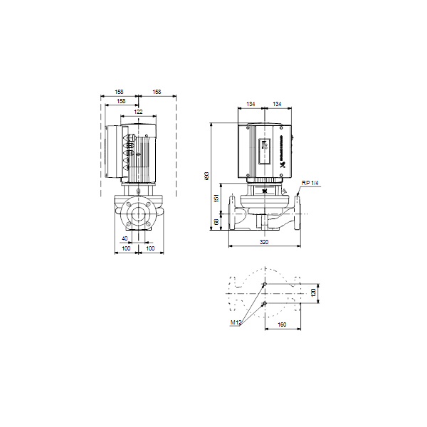 Одноступенчатый вертикальный центробежный насос «ин-лайн» Grundfos TPE 40-270/2-S A-F-A-BQBE артикул 99222417 – габаритный чертеж