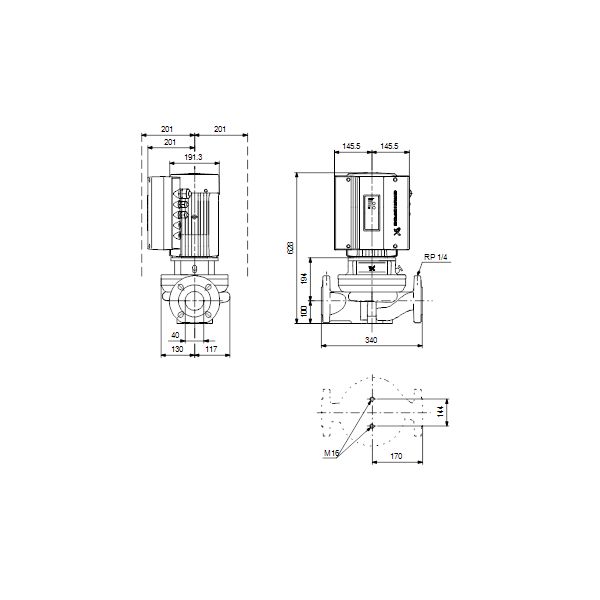 Одноступенчатый вертикальный центробежный насос «ин-лайн» Grundfos TPE 40-300/2-S A-F-A-BAQE артикул 99114567 – габаритный чертеж