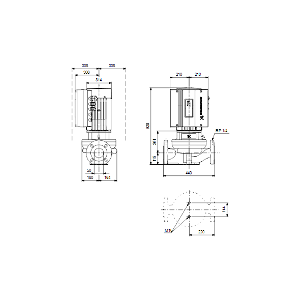 Одноступенчатый вертикальный центробежный насос «ин-лайн» Grundfos TPE 50-900/2-S A-F-A-BAQE артикул 96397042 – габаритный чертеж
