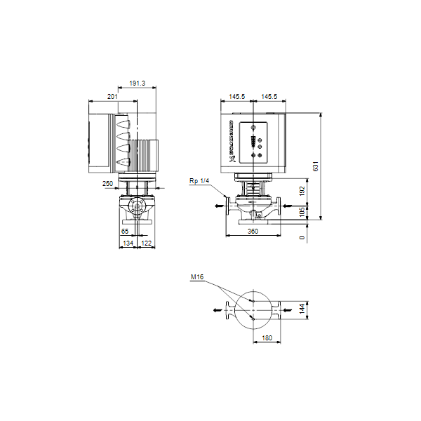 Одноступенчатый вертикальный центробежный насос «ин-лайн» Grundfos TPE 65-210/2-S A-F-A-BAQE артикул 99114577 – габаритный чертеж
