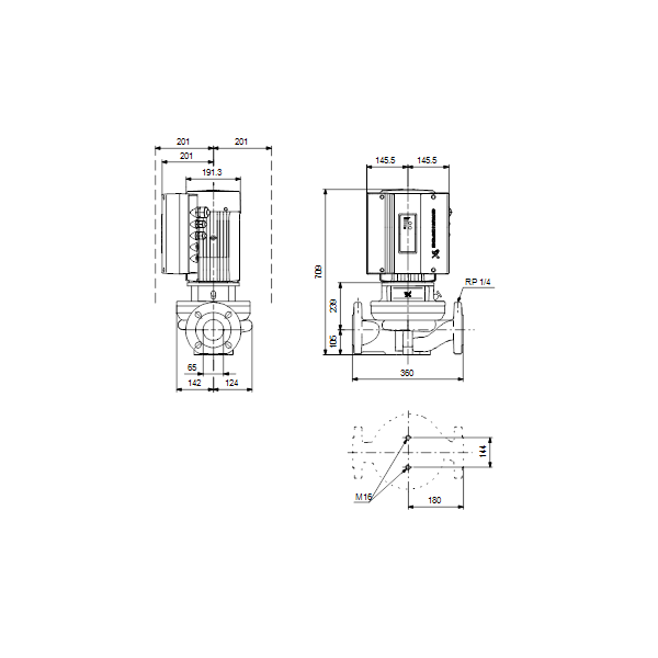 Одноступенчатый вертикальный центробежный насос «ин-лайн» Grundfos TPE 65-340/2-S A-F-A-BAQE артикул 99114579 – габаритный чертеж
