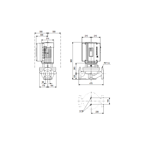 Одноступенчатый вертикальный центробежный насос «ин-лайн» Grundfos TPE 65-660/2-S A-F-A-BAQE артикул 96397051 – габаритный чертеж