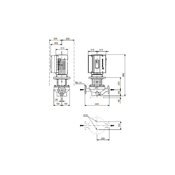 Одноступенчатый вертикальный центробежный насос «ин-лайн» Grundfos TPE 80-400/2-S A-F-A-BAQE артикул 96275643 – габаритный чертеж
