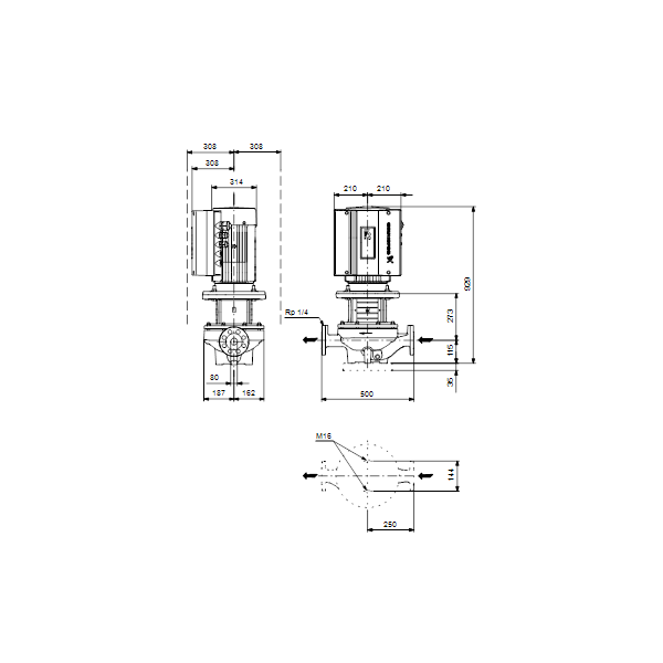 Одноступенчатый вертикальный центробежный насос «ин-лайн» Grundfos TPE 80-570/2-S A-F-A-BAQE артикул 96397060 – габаритный чертеж