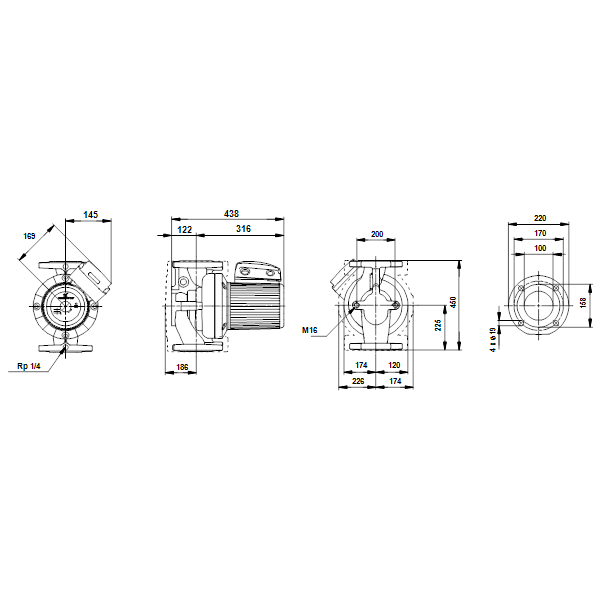 Циркуляционный насос с мокрым ротором Grundfos UPS 100-30 F B артикул 96404933 – габаритный чертеж