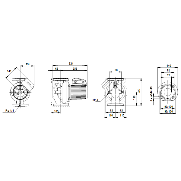 Циркуляционный насос с мокрым ротором Grundfos UPS 32-120 F B артикул 96401846 – габаритный чертеж