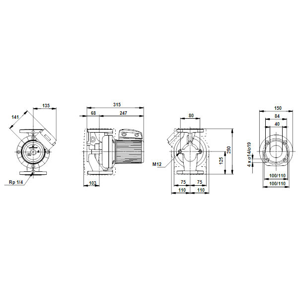 Циркуляционный насос с мокрым ротором Grundfos UPS 40-60/2 F B артикул 96401921 – габаритный чертеж