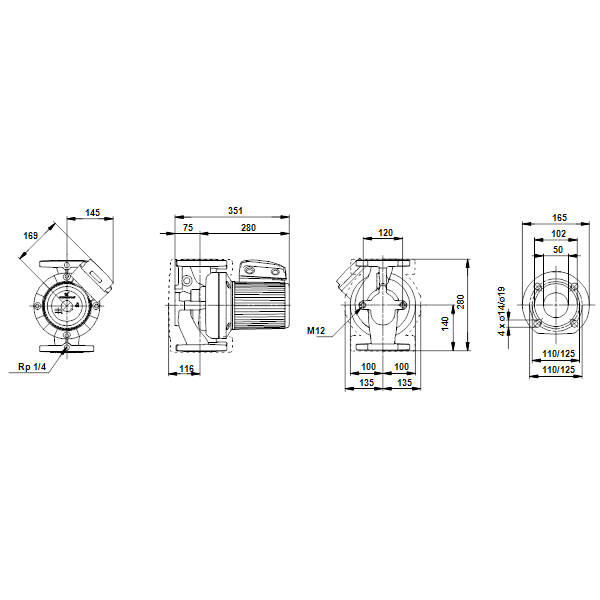 Циркуляционный насос с мокрым ротором Grundfos UPS 50-180 F B артикул 96402140 – габаритный чертеж