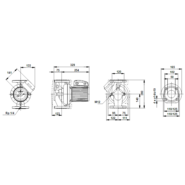 Циркуляционный насос с мокрым ротором Grundfos UPS 50-60/2 F B артикул 96402064 – габаритный чертеж