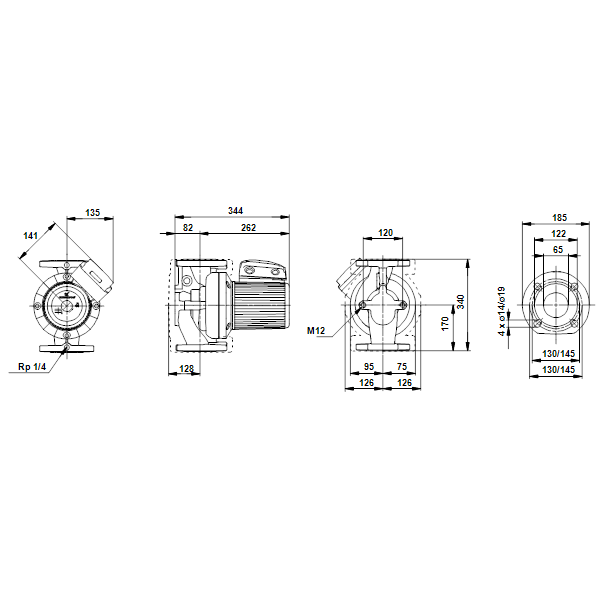 Циркуляционный насос с мокрым ротором Grundfos UPS 65-60/2 F B артикул 96402264 – габаритный чертеж
