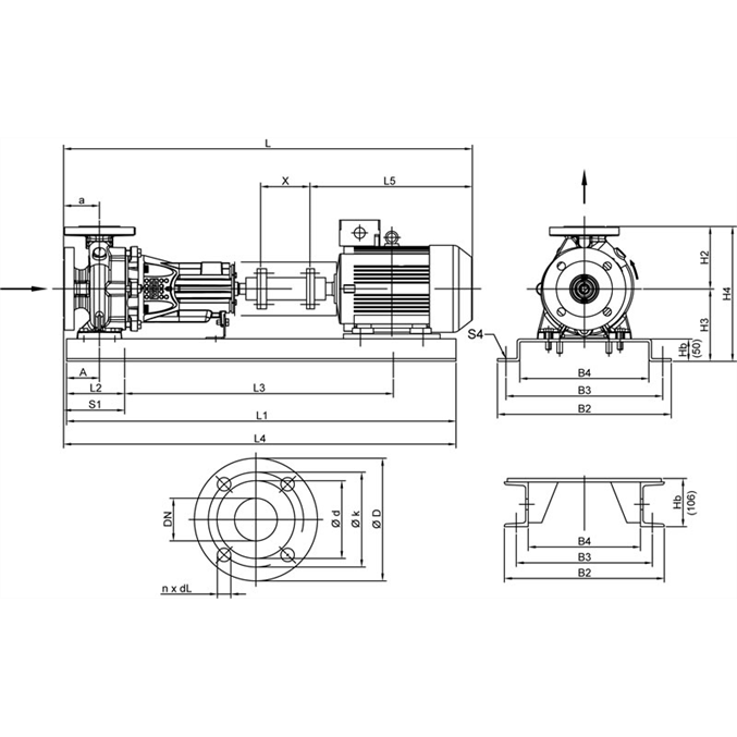 Габаритный чертеж насоса Wilo CronoNorm NL 50/200-18,5-2-12
