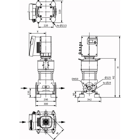 Габаритный чертеж насоса Wilo HELIX EXCEL 2203-6.5-2/25/V/KS