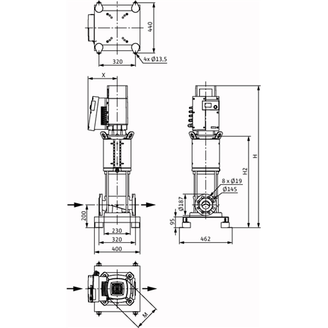 Габаритный чертеж насоса Wilo HELIX EXCEL 3602-5.5-1/16/E/KS