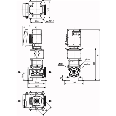 Габаритный чертеж насоса Wilo HELIX EXCEL 3602-7.5-2/16/V/KS