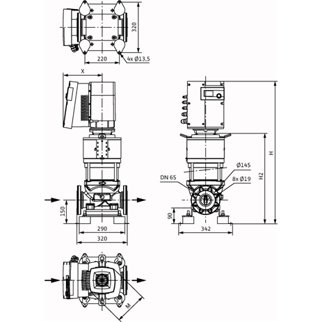 Габаритный чертеж насоса Wilo HELIX EXCEL 3602-7.5-2/25/V/KS