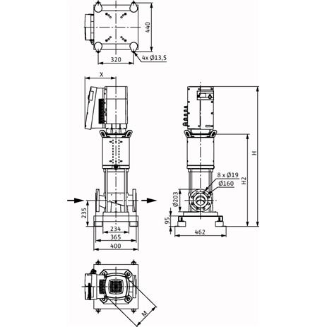 Габаритный чертеж насоса Wilo HELIX EXCEL 5202/1-1/16/E/KS