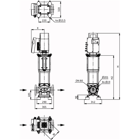 Габаритный чертеж насоса Wilo HELIX EXCEL 5202/1-2/16/V/KS