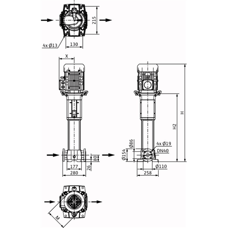 Габаритный чертеж насоса Wilo HELIX FIRST V 1015-5/25/E/KS/400-50 PN25