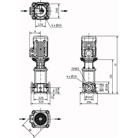 Габаритный чертеж насоса Wilo HELIX FIRST V 3602/1-5/16/E/S/400-50