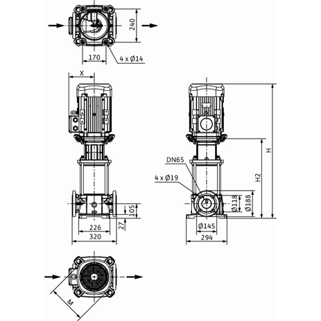 Габаритный чертеж насоса Wilo HELIX FIRST V 3603/1-5/16/E/S/400-50