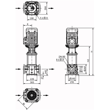 Габаритный чертеж насоса Wilo HELIX FIRST V 5204/2-5/25/E/KS/400-50
