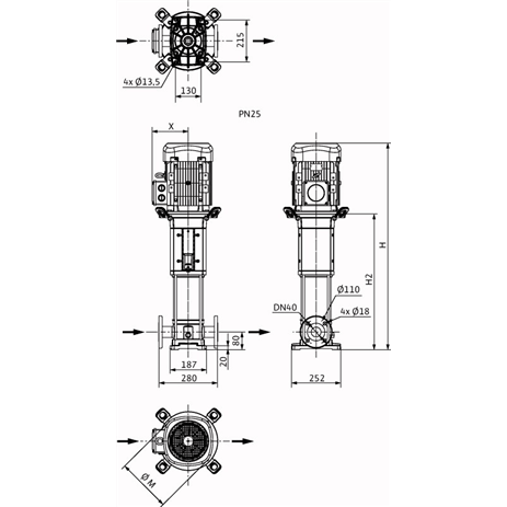 Габаритный чертеж насоса Wilo HELIX V 1010-1/25/E/KS/400-50