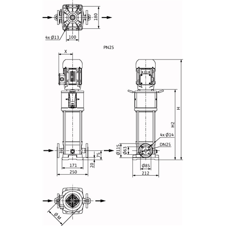 Габаритный чертеж насоса Wilo HELIX V 220-1/25/E/KS/400-50