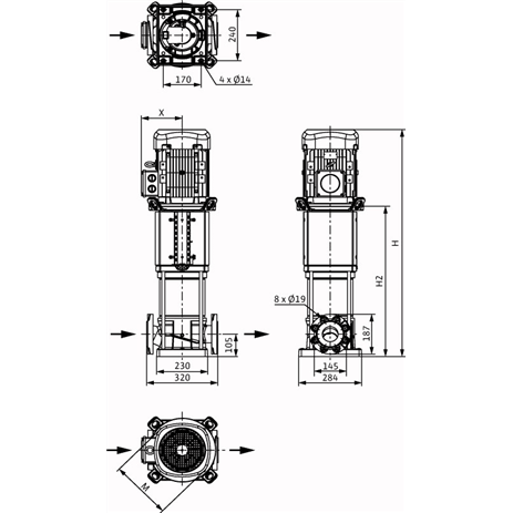 Габаритный чертеж насоса Wilo HELIX V 3607/2-1/25/E/KS/400-50