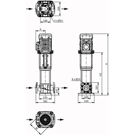 Габаритный чертеж насоса Wilo HELIX V 5209/2-1/25/E/KS/400-50