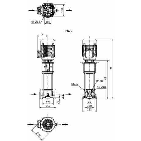 Габаритный чертеж насоса Wilo HELIX V 621-1/25/E/KS/400-50
