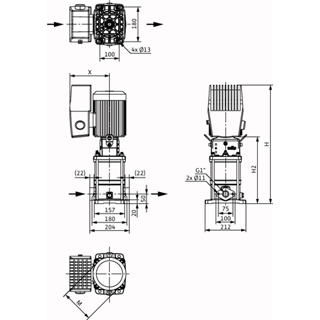 Габаритный чертеж насоса Wilo HELIX VE 208-1/16/E/S/M2