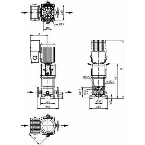 Габаритный чертеж насоса Wilo HELIX VE 208-1/25/E/KS/M13