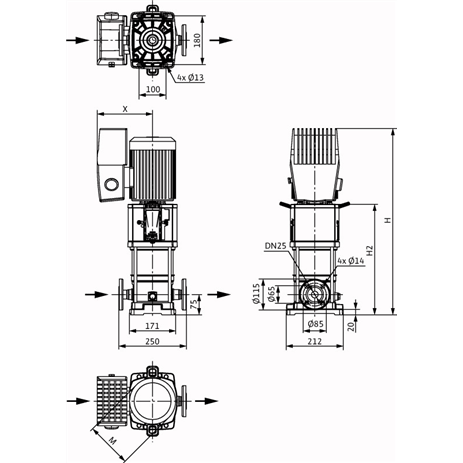 Габаритный чертеж насоса Wilo HELIX VE 208-1/25/E/KS/M2