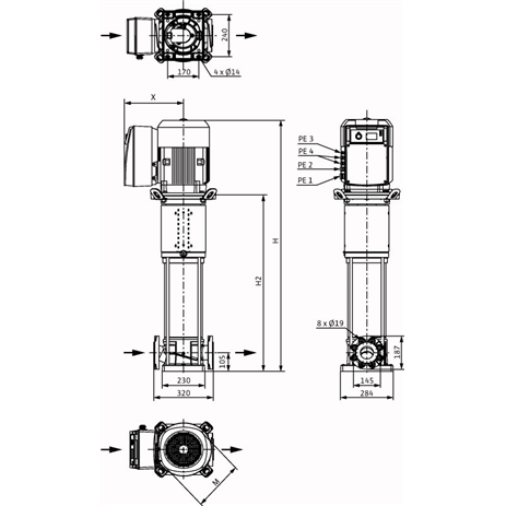 Габаритный чертеж насоса Wilo HELIX VE 3602-5,5-1/16/E/KS