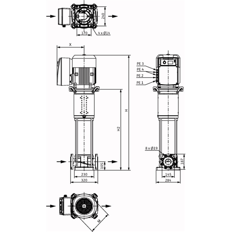 Габаритный чертеж насоса Wilo HELIX VE 3602-7,5-1/16/E/KS