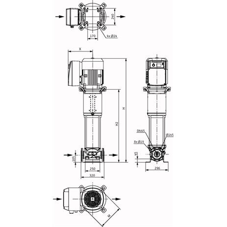 Габаритный чертеж насоса Wilo HELIX VE 3602-7,5-2/16/V/KS