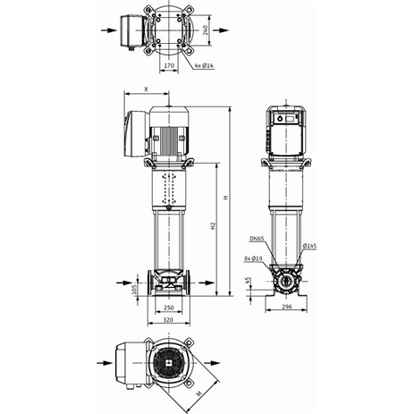 Габаритный чертеж насоса Wilo HELIX VE 3604-2/25/V/KS/2G