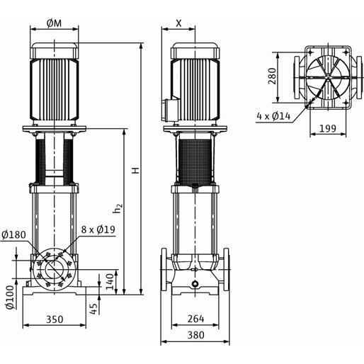 Габаритный чертеж насоса Wilo Multivert MVI 7003/1-3/16/E/3-400-50-2