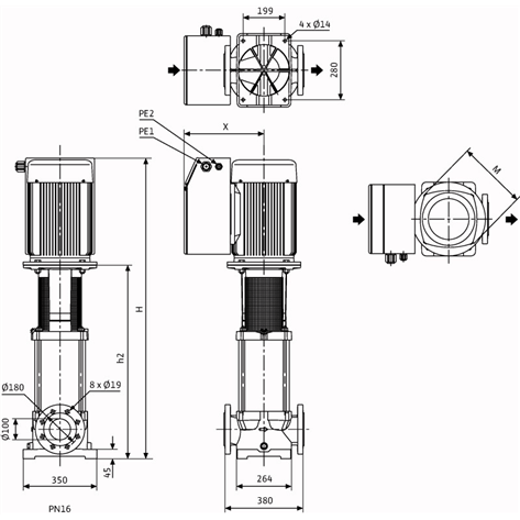 Габаритный чертеж насоса Wilo Multivert MVIE 7002/2-3/16/E/3-2-2G