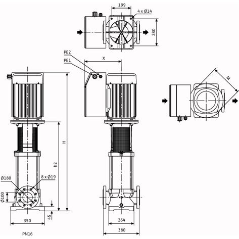 Габаритный чертеж насоса Wilo Multivert MVIE 9503/2-3/16/E/3-2-2G