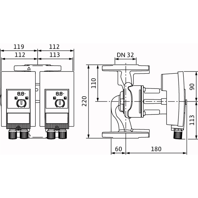 Габаритный чертеж насоса Wilo YONOS MAXO-D 32/0,5-7 PN6/10