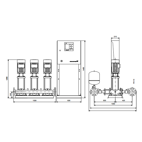 Насосная станция Grundfos Hydro MPC-E 3 CRE45-2 50/60Hz RUS артикул 98439505 – габаритный чертеж