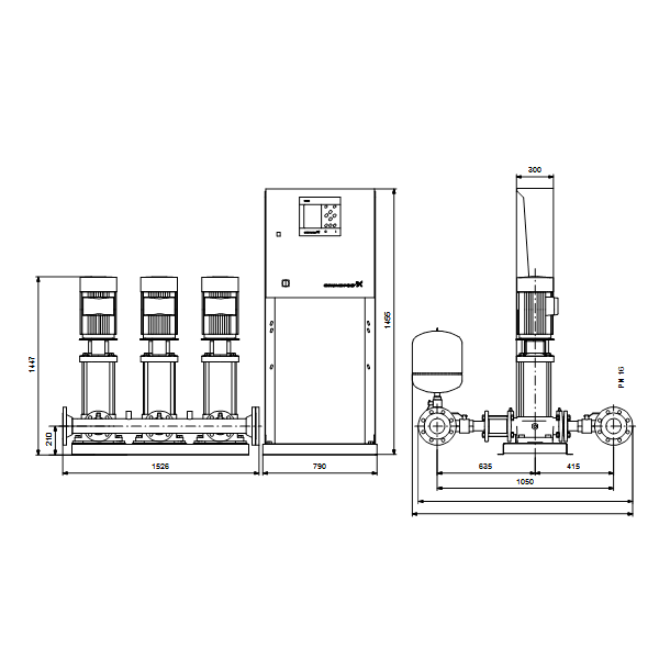 Насосная станция Grundfos Hydro MPC-E 3 CRE64-3-2 50/60Hz RUS артикул 98439538 – габаритный чертеж