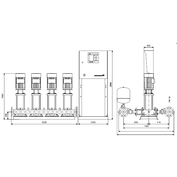Насосная станция Grundfos Hydro MPC-E 4 CR64-3-1 50/60Hz RUS артикул 98439543 – габаритный чертеж