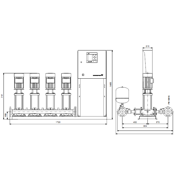 Насосная станция Grundfos Hydro MPC-E 4 CRE10-2 50/60Hz RUS артикул 98423327 – габаритный чертеж