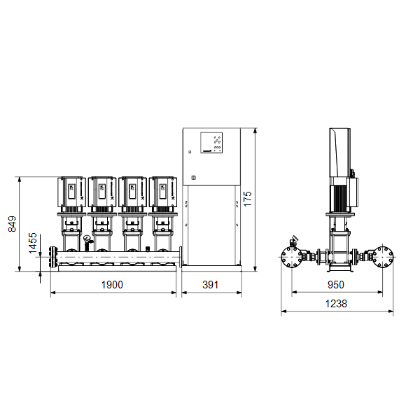 Насосная станция Grundfos Hydro MPC-E 4 CRE32-1-1 50/60Hz RUS артикул 98423339 – габаритный чертеж